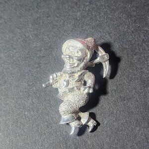 Vintage Silver Tone Elf Gnome with Pickaxe Brooch Pin